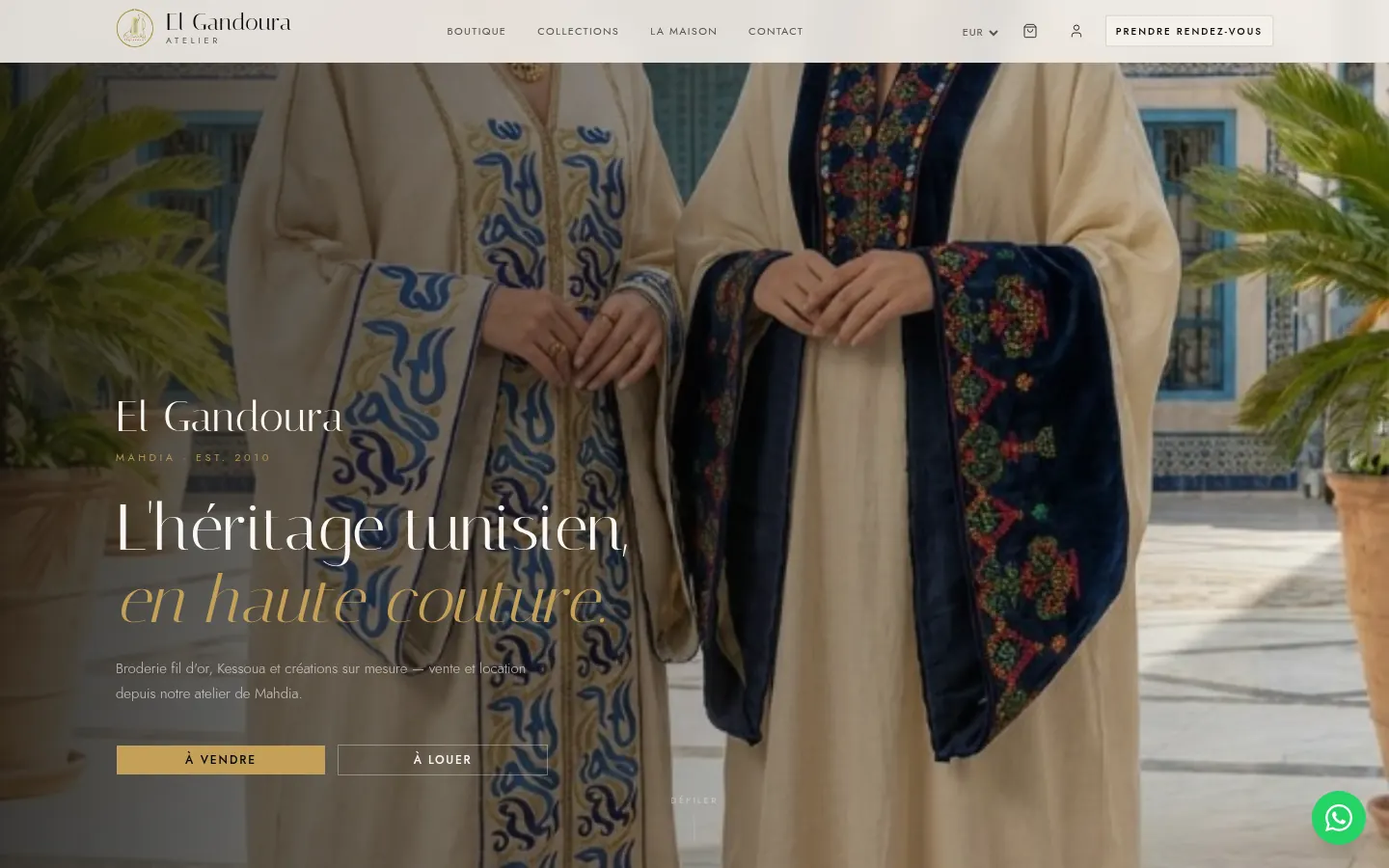 Page d'accueil d'El Gandoura sur ordinateur : deux modèles en tenues tunisiennes brodées, titre « L'héritage tunisien en haute couture ».
