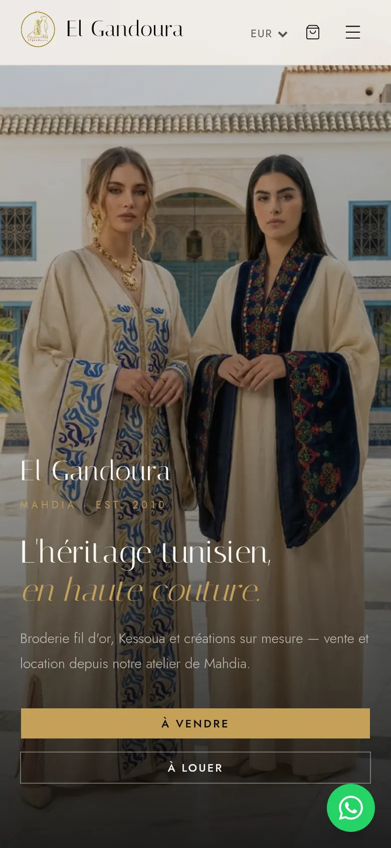 Page d'accueil d'El Gandoura sur mobile : même visuel, avec les boutons « À vendre » et « À louer ».