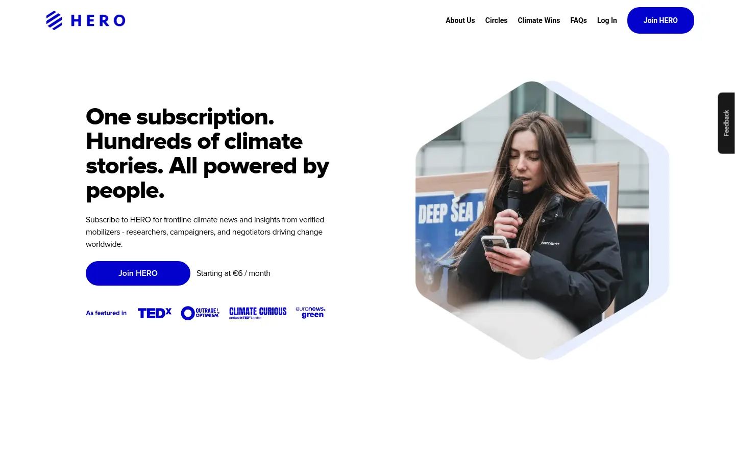 Page d'accueil de Hero Circle sur ordinateur : « One subscription. Hundreds of climate stories. » à côté d'une photo d'intervenante.
