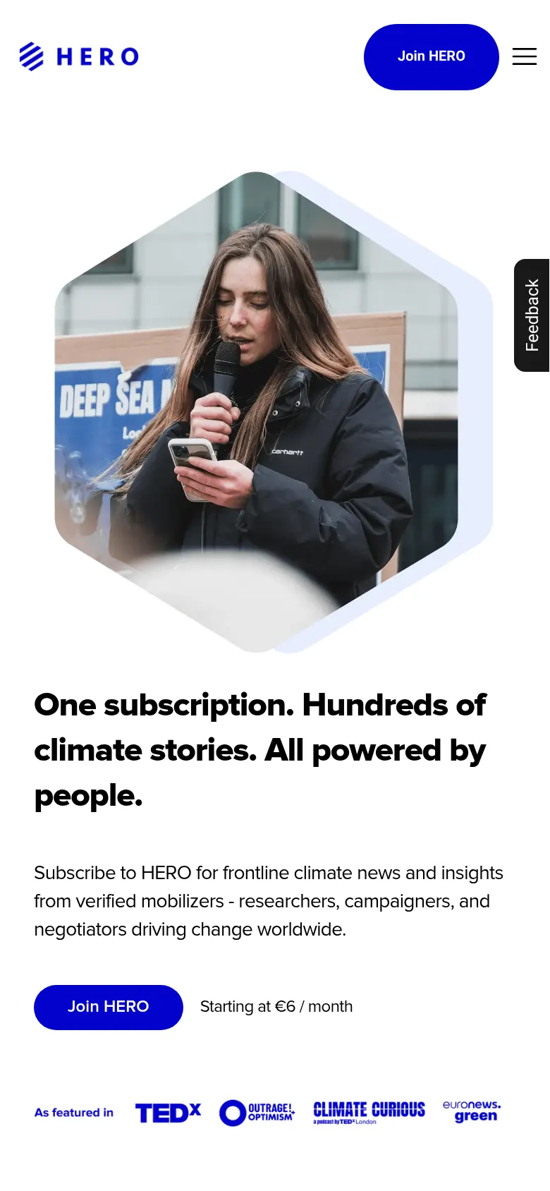 Page d'accueil de Hero Circle sur mobile : message d'abonnement climat et bouton « Join HERO ».