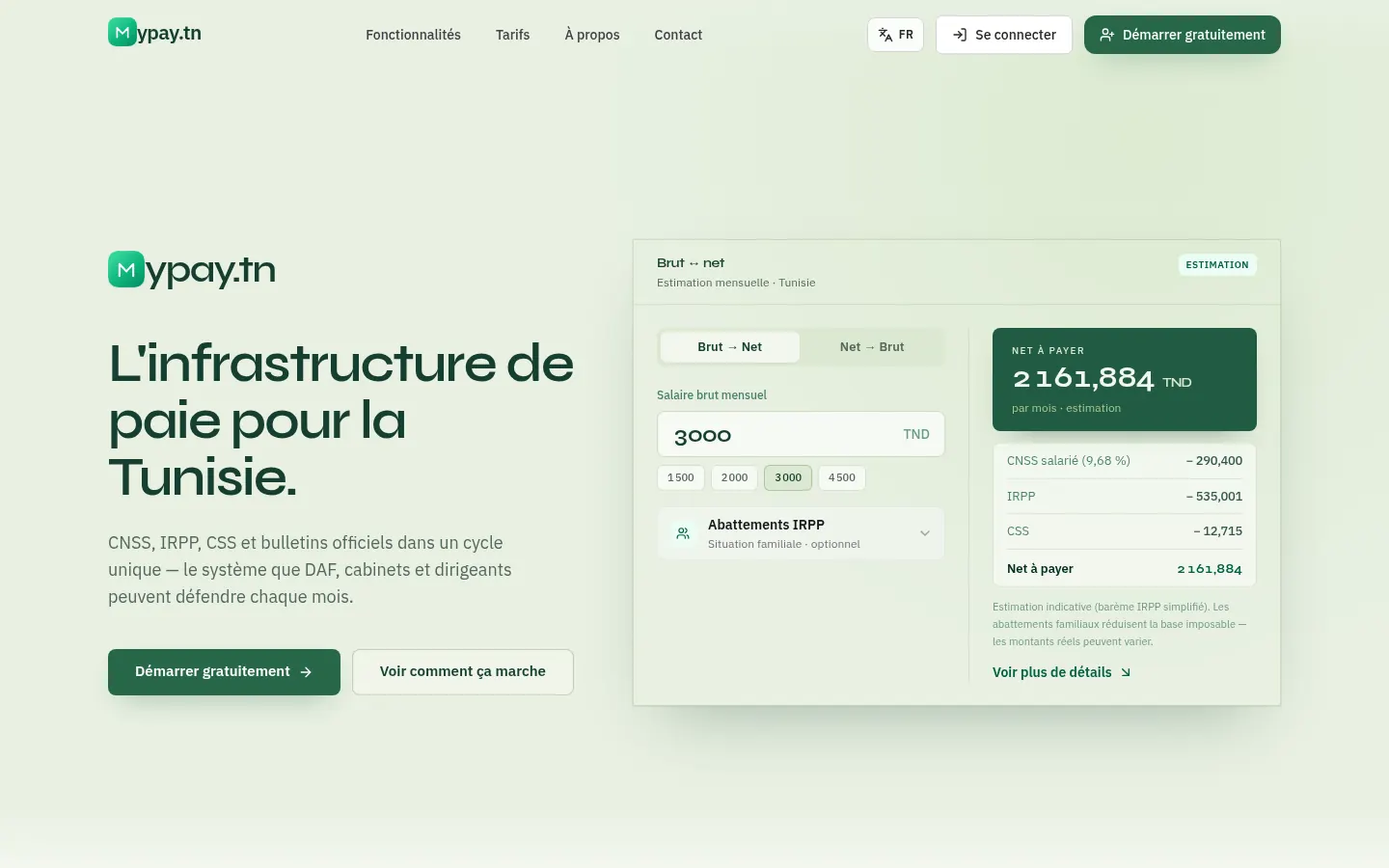 Page d'accueil de myPay.tn sur ordinateur : titre « L'infrastructure de paie pour la Tunisie » et aperçu d'un bulletin de paie.