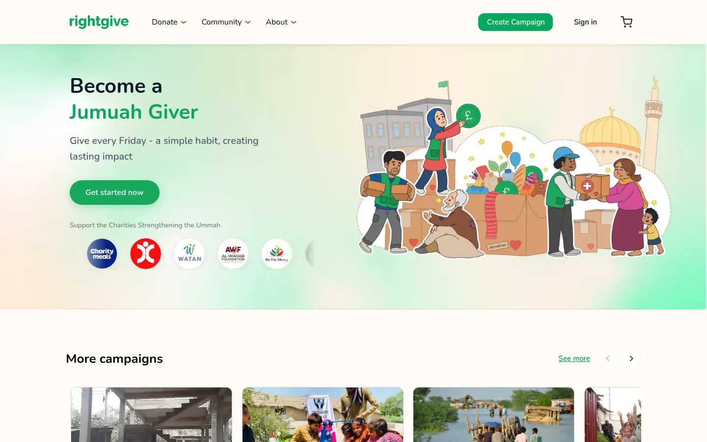 Page d'accueil de Right Give sur ordinateur : appel « Become a Jumuah Giver » illustré, suivi des campagnes de dons.